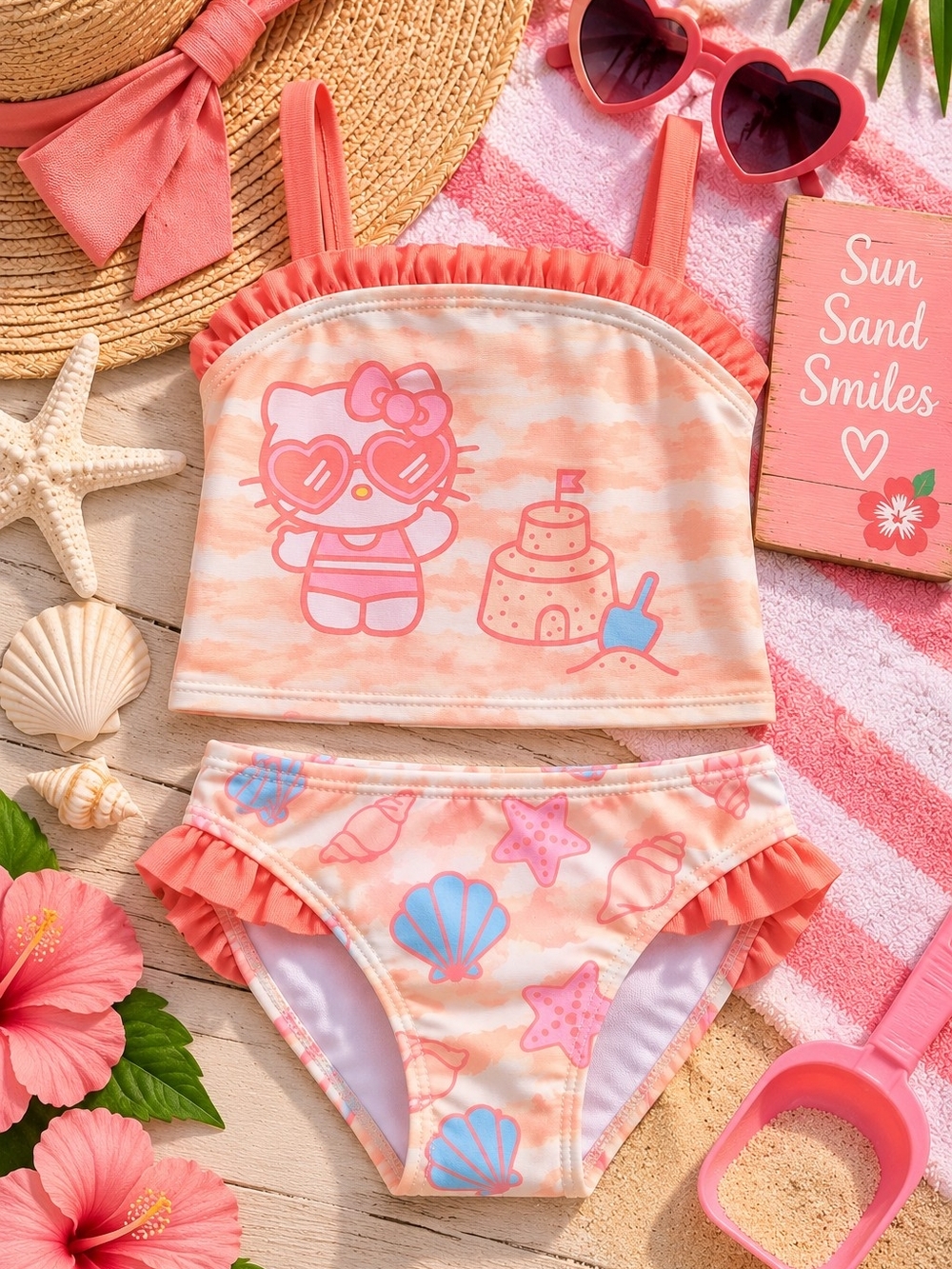 NWT Sanrio Hello Kitty Beach Sandcastle Shells 2-Piece Swimsuit 2T